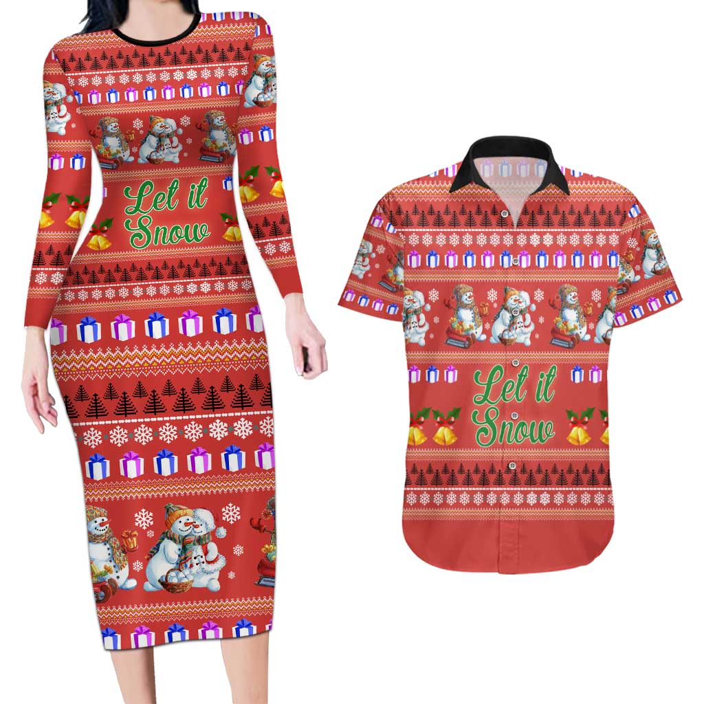Snowman Let It Snow Christmas Couples Matching Long Sleeve Bodycon Dress and Hawaiian Shirt Xmas Holiday Patterns - Wonder Print Shop