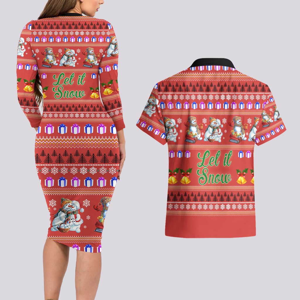 Snowman Let It Snow Christmas Couples Matching Long Sleeve Bodycon Dress and Hawaiian Shirt Xmas Holiday Patterns - Wonder Print Shop