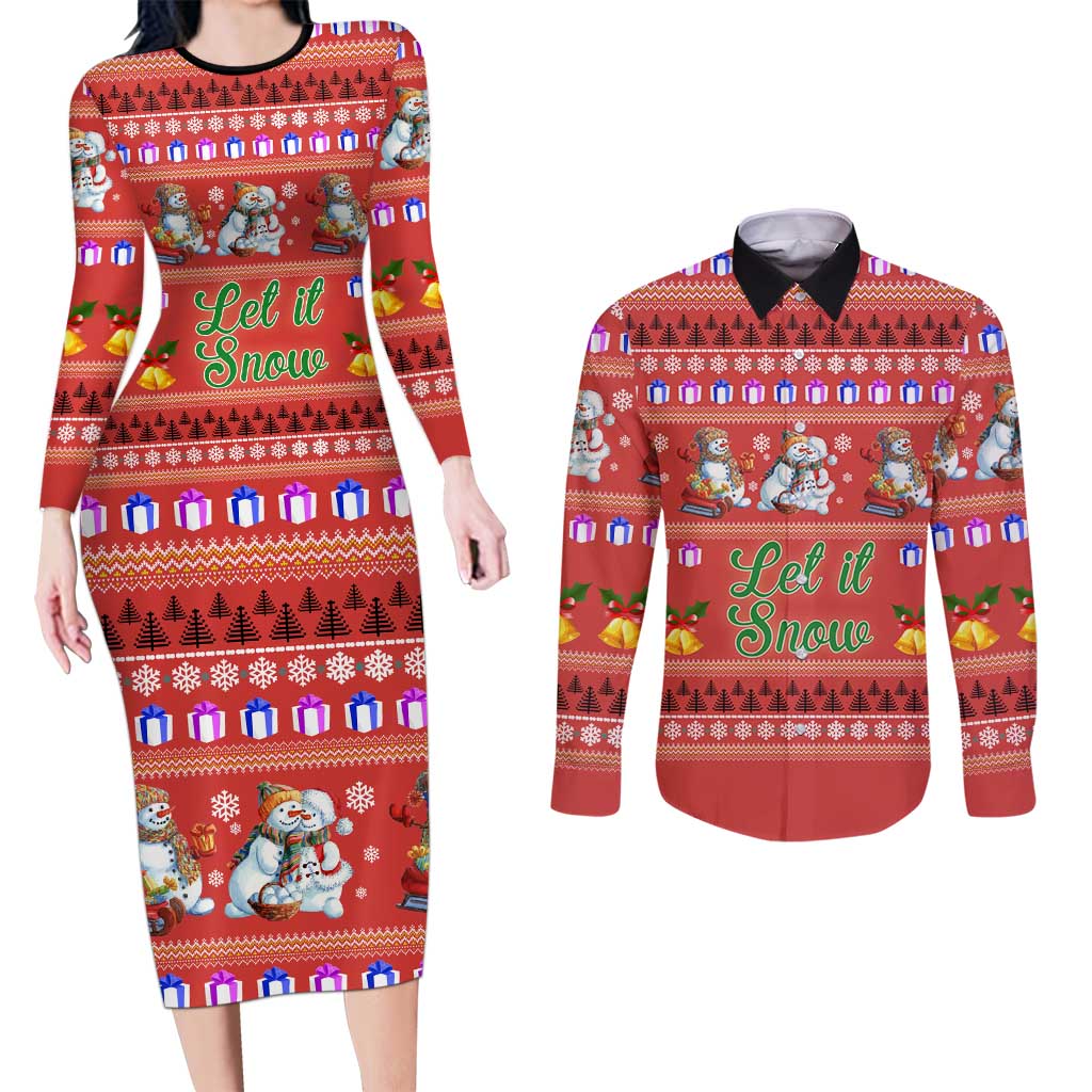 Snowman Let It Snow Christmas Couples Matching Long Sleeve Bodycon Dress and Long Sleeve Button Shirt Xmas Holiday Patterns - Wonder Print Shop