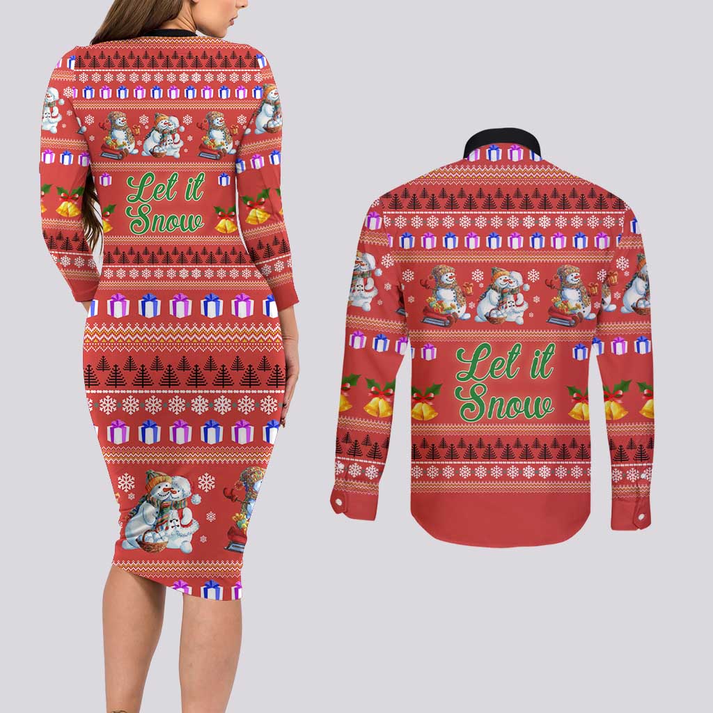 Snowman Let It Snow Christmas Couples Matching Long Sleeve Bodycon Dress and Long Sleeve Button Shirt Xmas Holiday Patterns - Wonder Print Shop