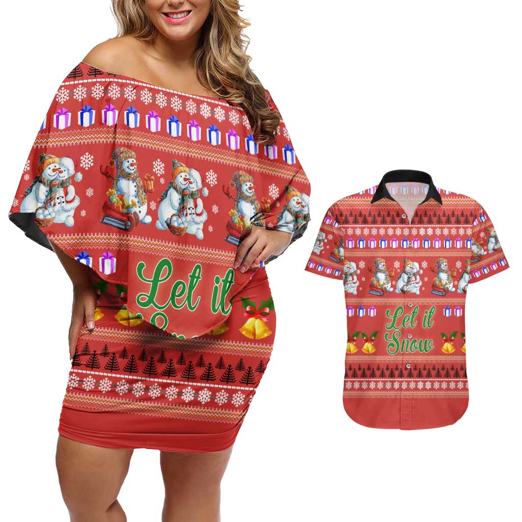 Snowman Let It Snow Christmas Couples Matching Off Shoulder Short Dress and Hawaiian Shirt Xmas Holiday Patterns - Wonder Print Shop