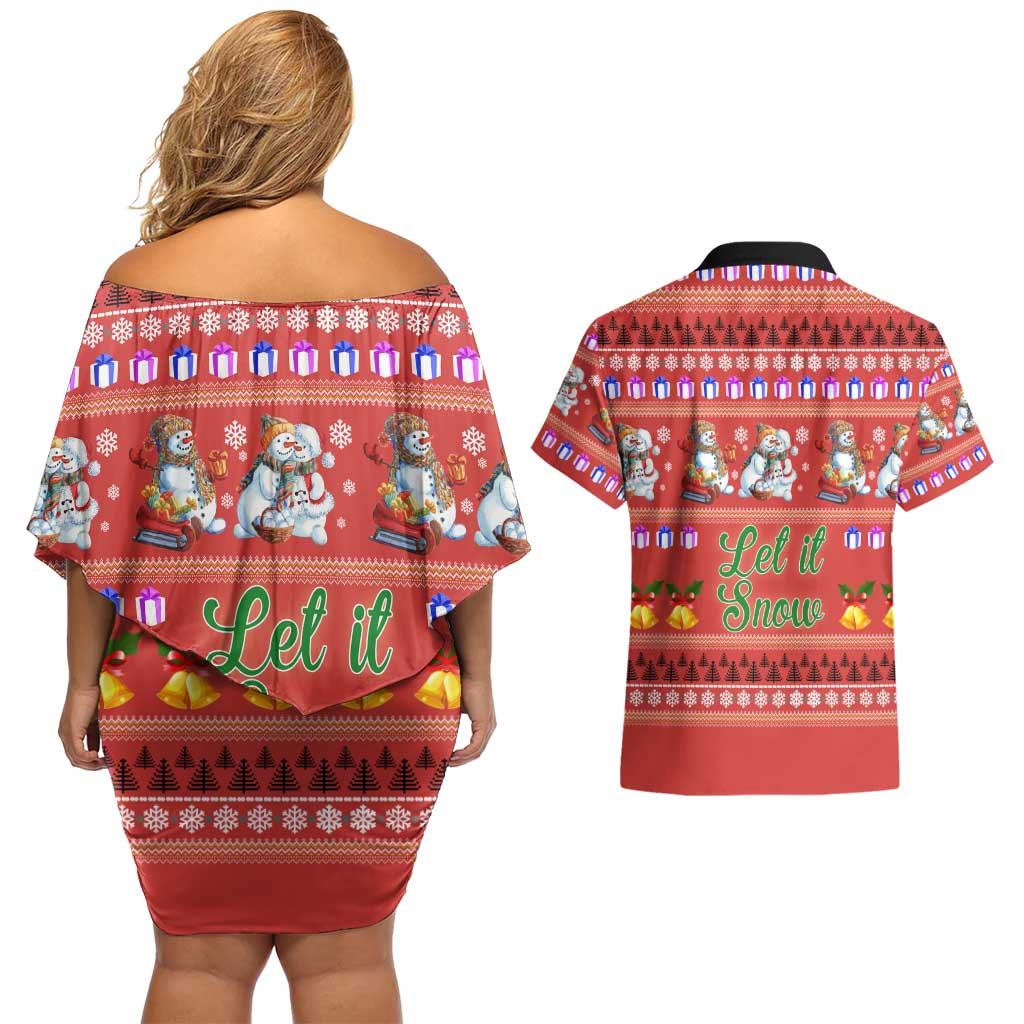 Snowman Let It Snow Christmas Couples Matching Off Shoulder Short Dress and Hawaiian Shirt Xmas Holiday Patterns - Wonder Print Shop