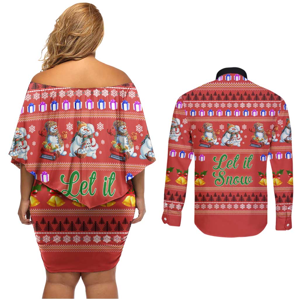 Snowman Let It Snow Christmas Couples Matching Off Shoulder Short Dress and Long Sleeve Button Shirt Xmas Holiday Patterns - Wonder Print Shop