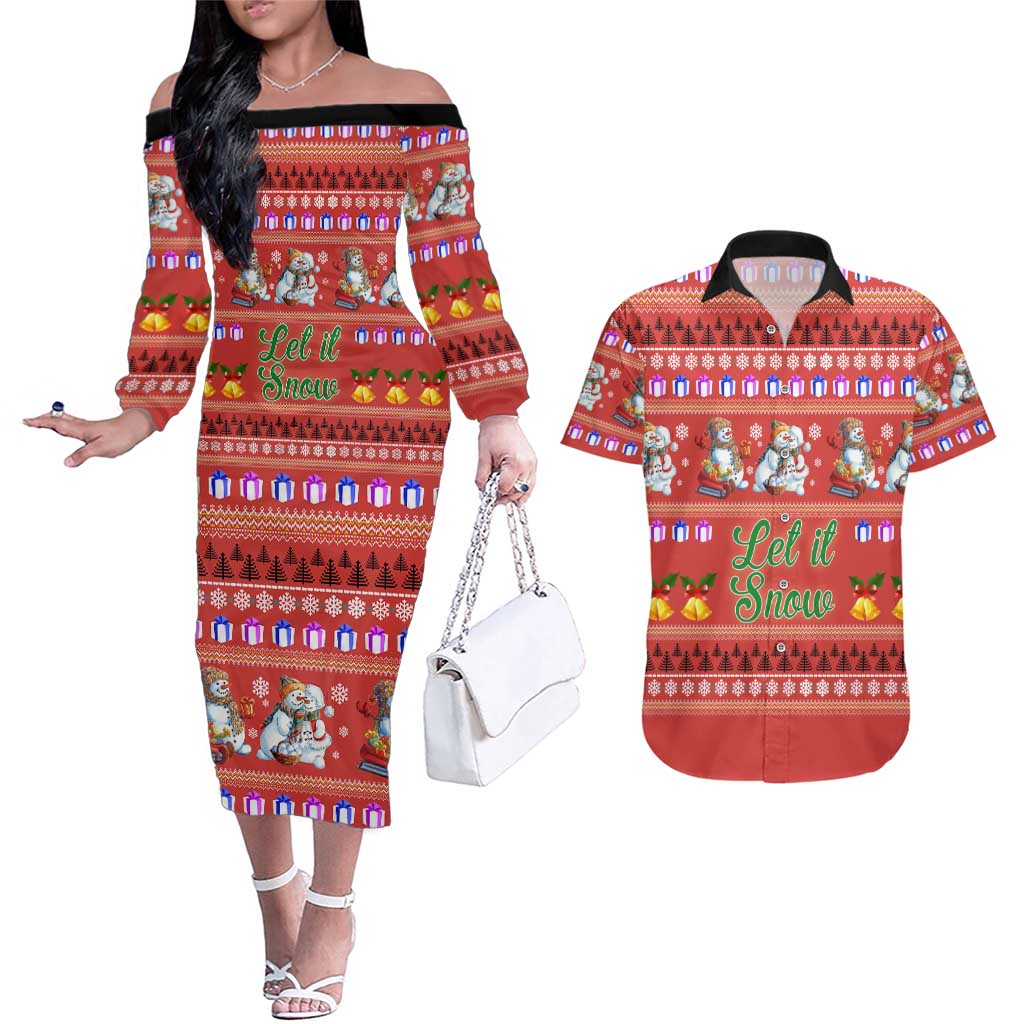 Snowman Let It Snow Christmas Couples Matching Off The Shoulder Long Sleeve Dress and Hawaiian Shirt Xmas Holiday Patterns - Wonder Print Shop
