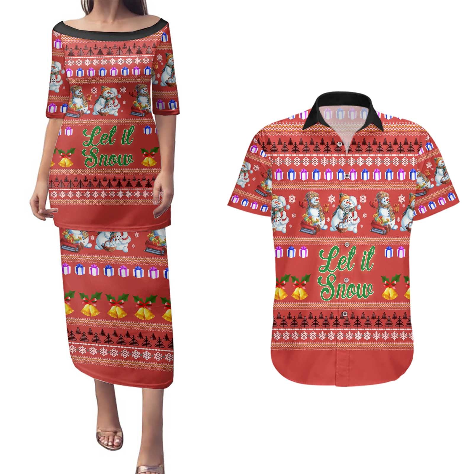 Snowman Let It Snow Christmas Couples Matching Puletasi and Hawaiian Shirt Xmas Holiday Patterns - Wonder Print Shop