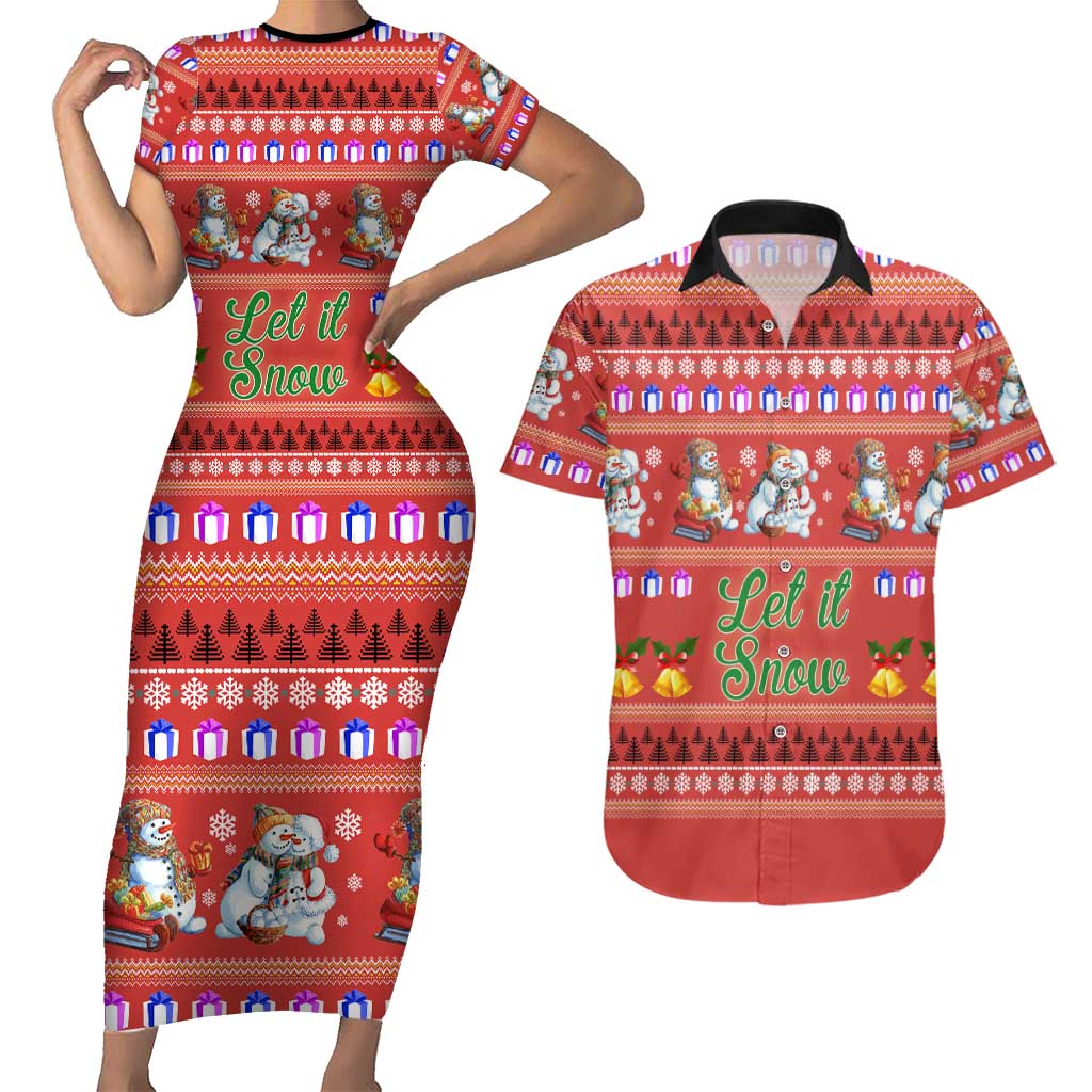 Snowman Let It Snow Christmas Couples Matching Short Sleeve Bodycon Dress and Hawaiian Shirt Xmas Holiday Patterns - Wonder Print Shop