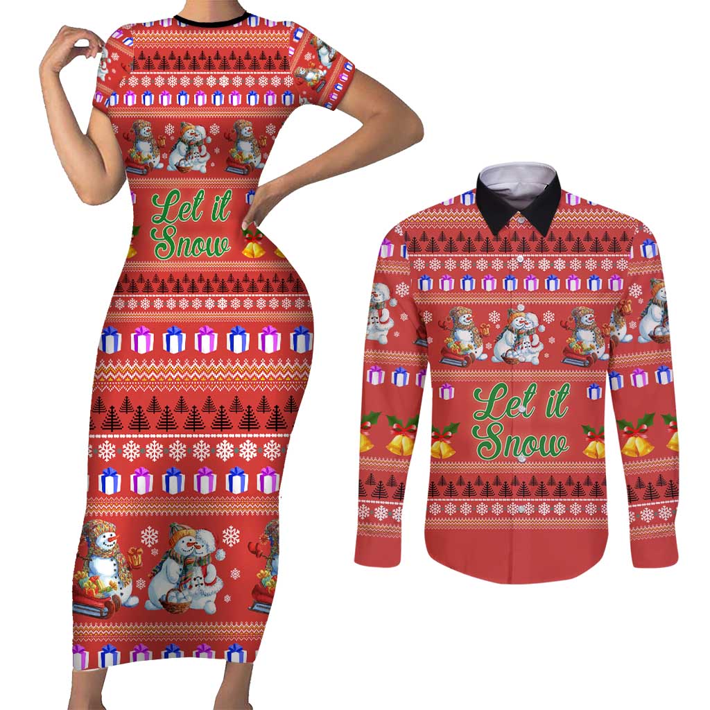 Snowman Let It Snow Christmas Couples Matching Short Sleeve Bodycon Dress and Long Sleeve Button Shirt Xmas Holiday Patterns - Wonder Print Shop