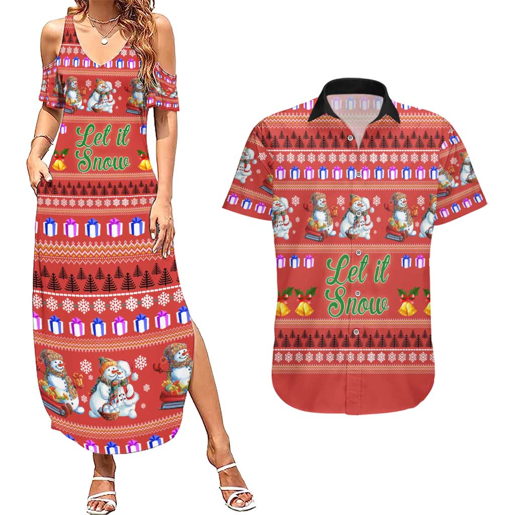 Snowman Let It Snow Christmas Couples Matching Summer Maxi Dress and Hawaiian Shirt Xmas Holiday Patterns - Wonder Print Shop