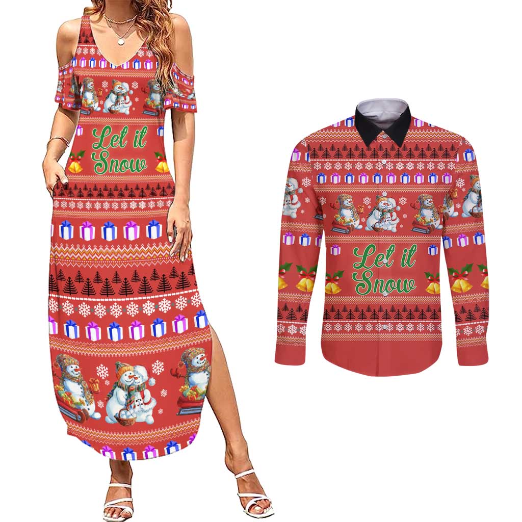 Snowman Let It Snow Christmas Couples Matching Summer Maxi Dress and Long Sleeve Button Shirt Xmas Holiday Patterns - Wonder Print Shop