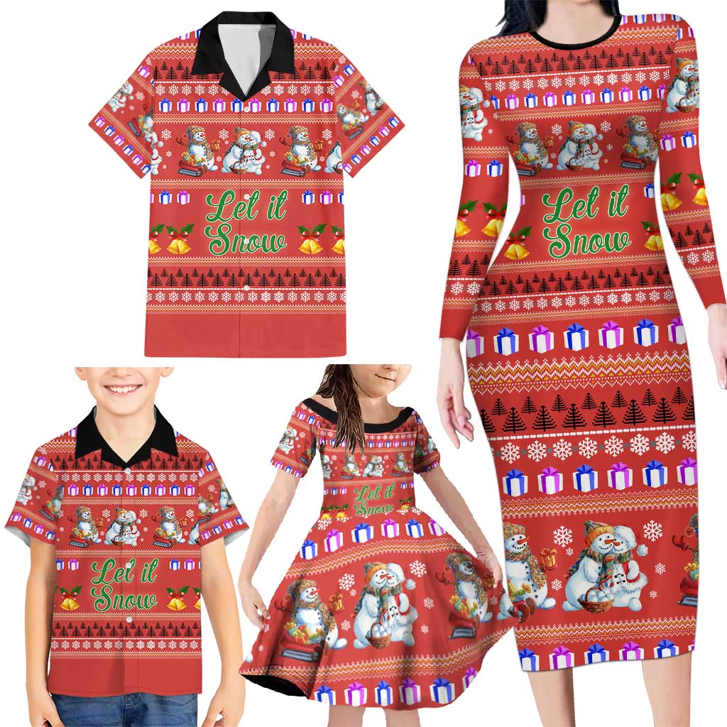 Snowman Let It Snow Christmas Family Matching Long Sleeve Bodycon Dress and Hawaiian Shirt Xmas Holiday Patterns - Wonder Print Shop