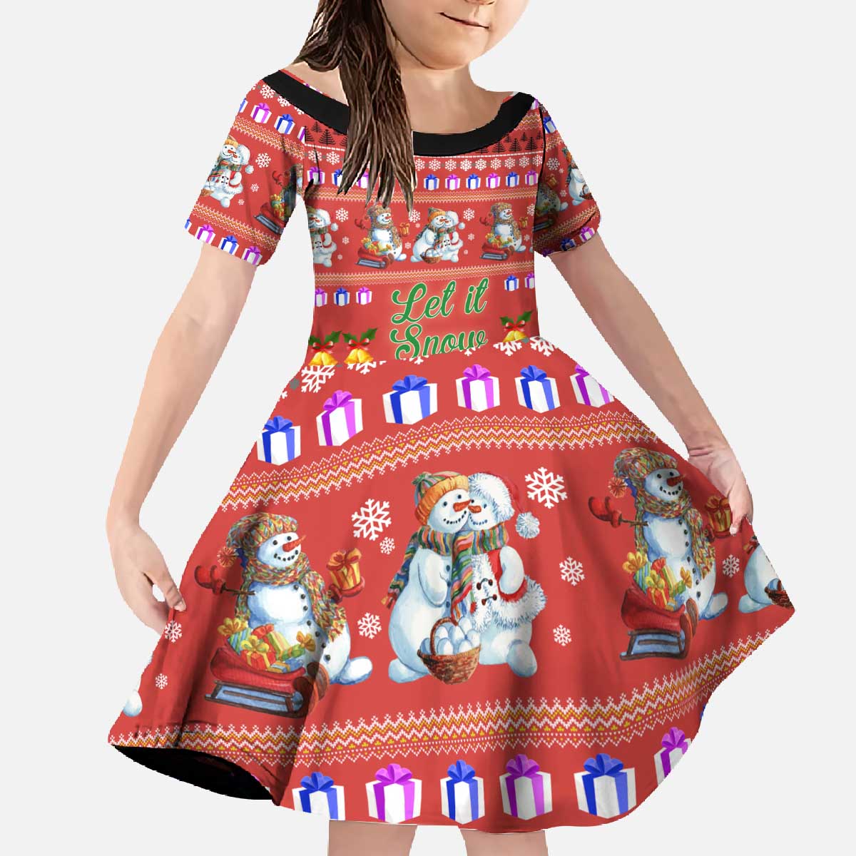 Snowman Let It Snow Christmas Family Matching Off The Shoulder Long Sleeve Dress and Hawaiian Shirt Xmas Holiday Patterns - Wonder Print Shop