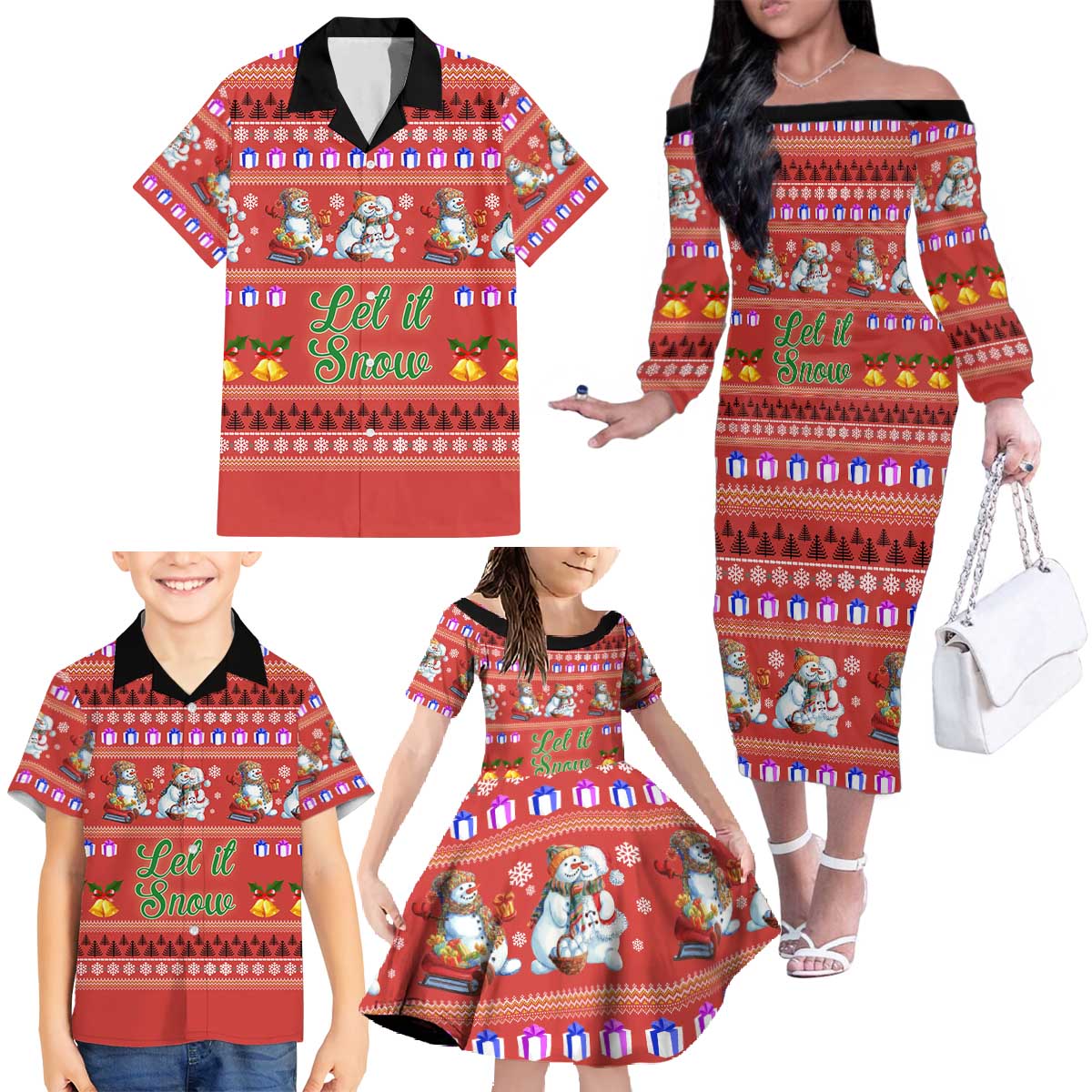 Snowman Let It Snow Christmas Family Matching Off The Shoulder Long Sleeve Dress and Hawaiian Shirt Xmas Holiday Patterns - Wonder Print Shop