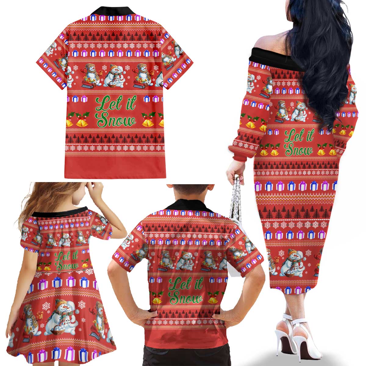 Snowman Let It Snow Christmas Family Matching Off The Shoulder Long Sleeve Dress and Hawaiian Shirt Xmas Holiday Patterns - Wonder Print Shop