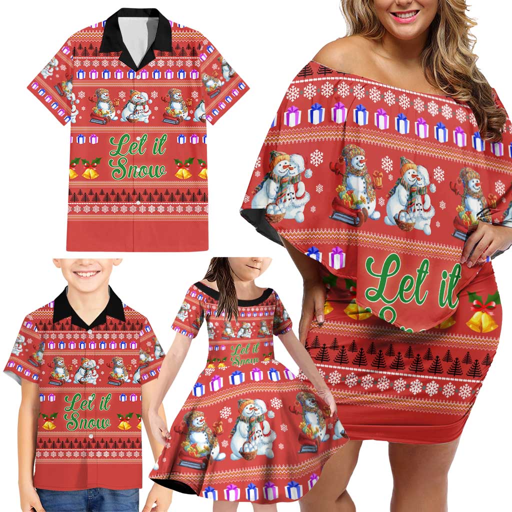Snowman Let It Snow Christmas Family Matching Off Shoulder Short Dress and Hawaiian Shirt Xmas Holiday Patterns - Wonder Print Shop