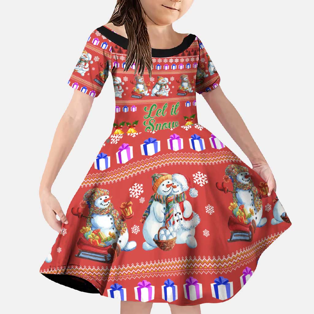 Snowman Let It Snow Christmas Family Matching Short Sleeve Bodycon Dress and Hawaiian Shirt Xmas Holiday Patterns - Wonder Print Shop
