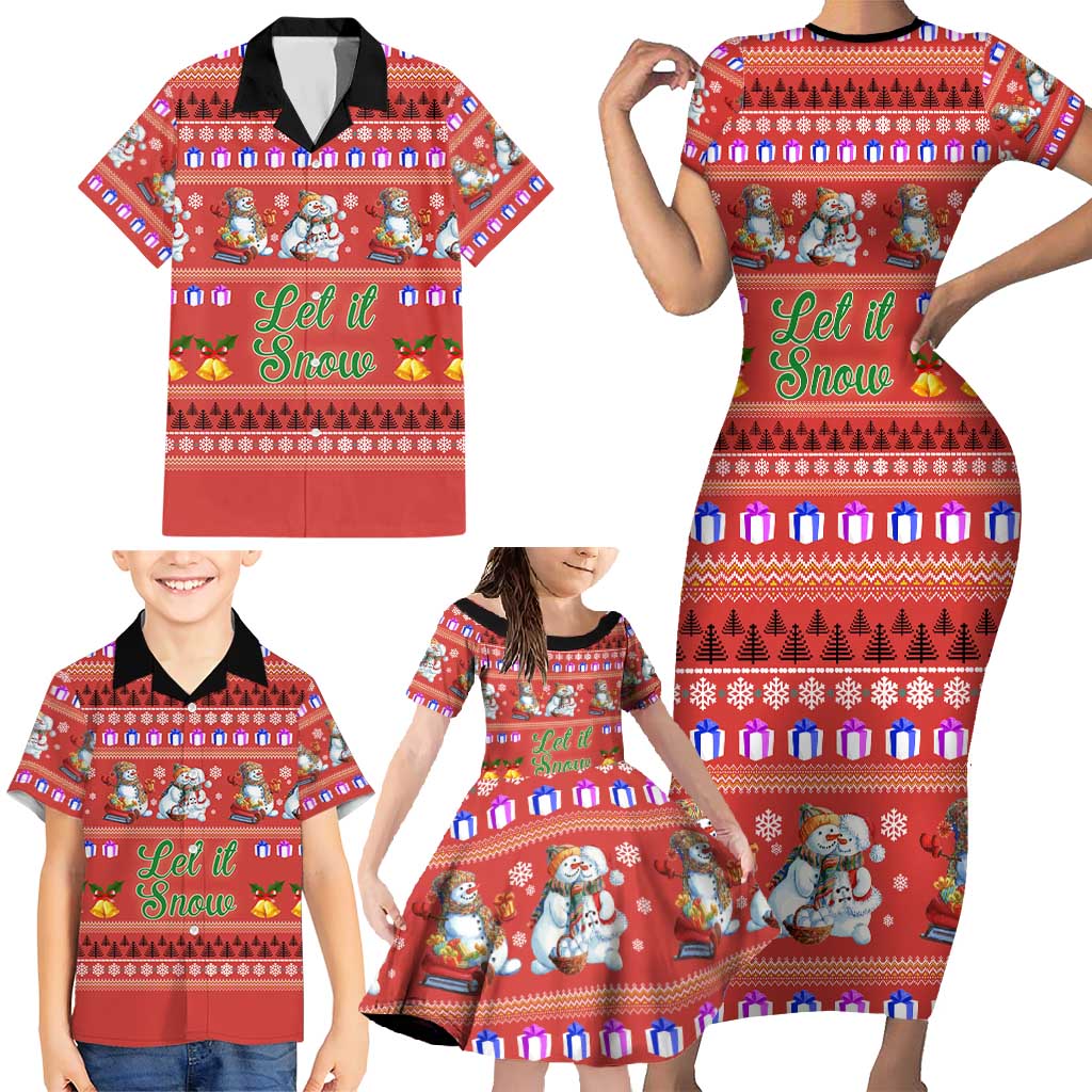Snowman Let It Snow Christmas Family Matching Short Sleeve Bodycon Dress and Hawaiian Shirt Xmas Holiday Patterns - Wonder Print Shop