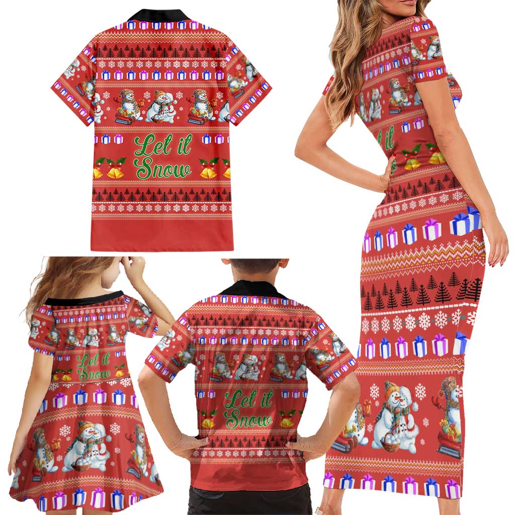Snowman Let It Snow Christmas Family Matching Short Sleeve Bodycon Dress and Hawaiian Shirt Xmas Holiday Patterns - Wonder Print Shop