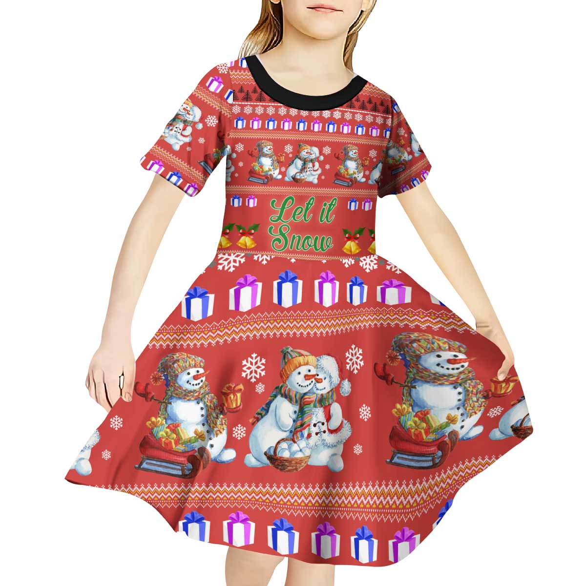 Snowman Let It Snow Christmas Kid Short Sleeve Dress Xmas Holiday Patterns - Wonder Print Shop