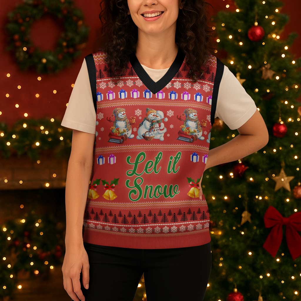 Snowman Let It Snow Christmas Knitted V-Neck Vest Xmas Holiday Patterns - Wonder Print Shop