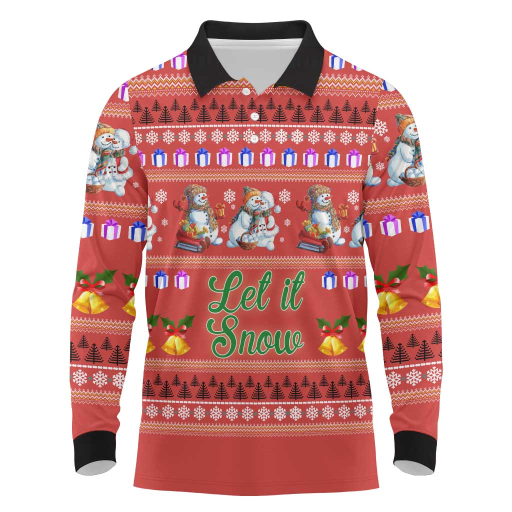 Snowman Let It Snow Christmas Long Sleeve Polo Shirt Xmas Holiday Patterns - Wonder Print Shop