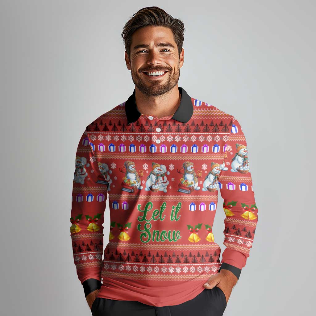 Snowman Let It Snow Christmas Long Sleeve Polo Shirt Xmas Holiday Patterns - Wonder Print Shop