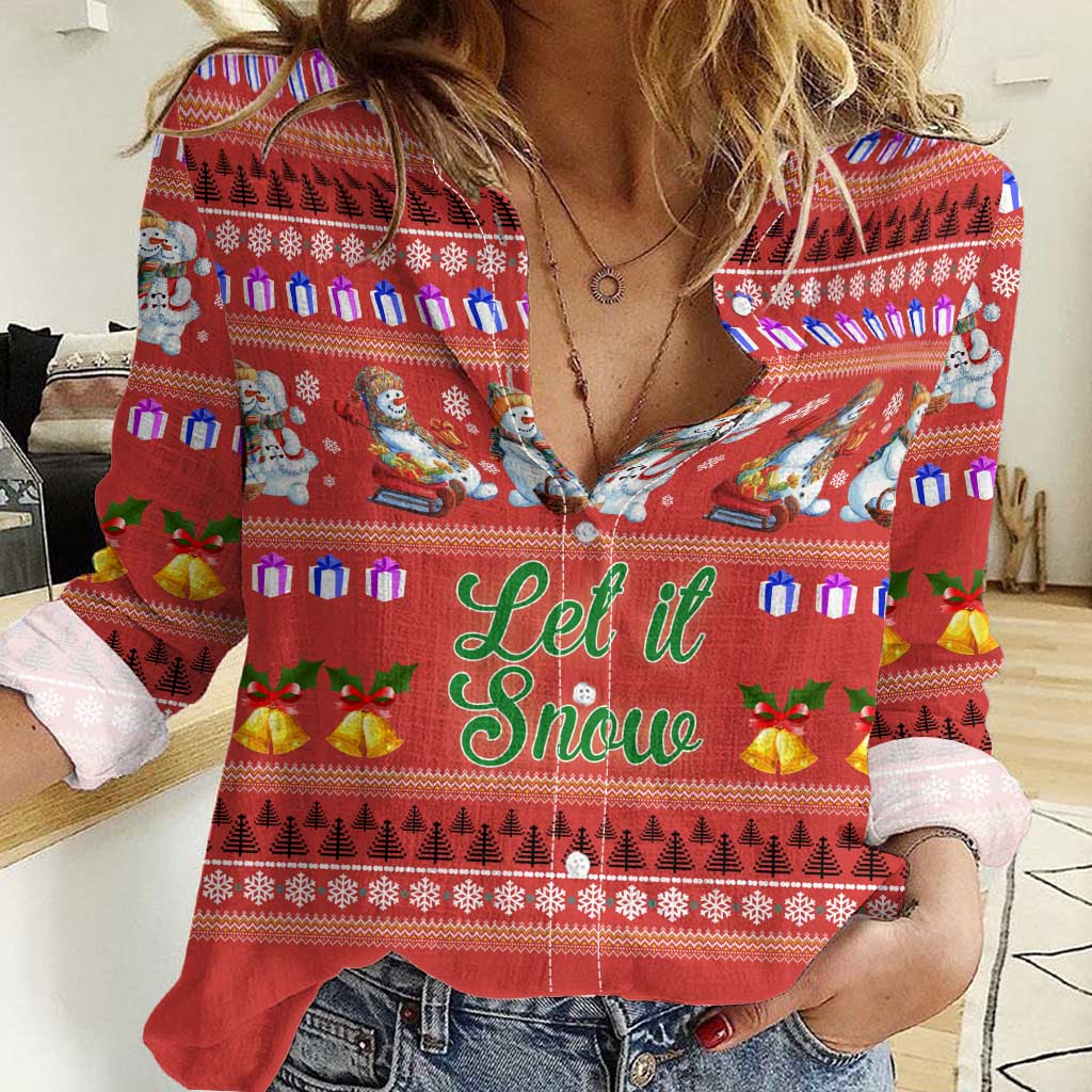 Snowman Let It Snow Christmas Women Casual Shirt Xmas Holiday Patterns - Wonder Print Shop