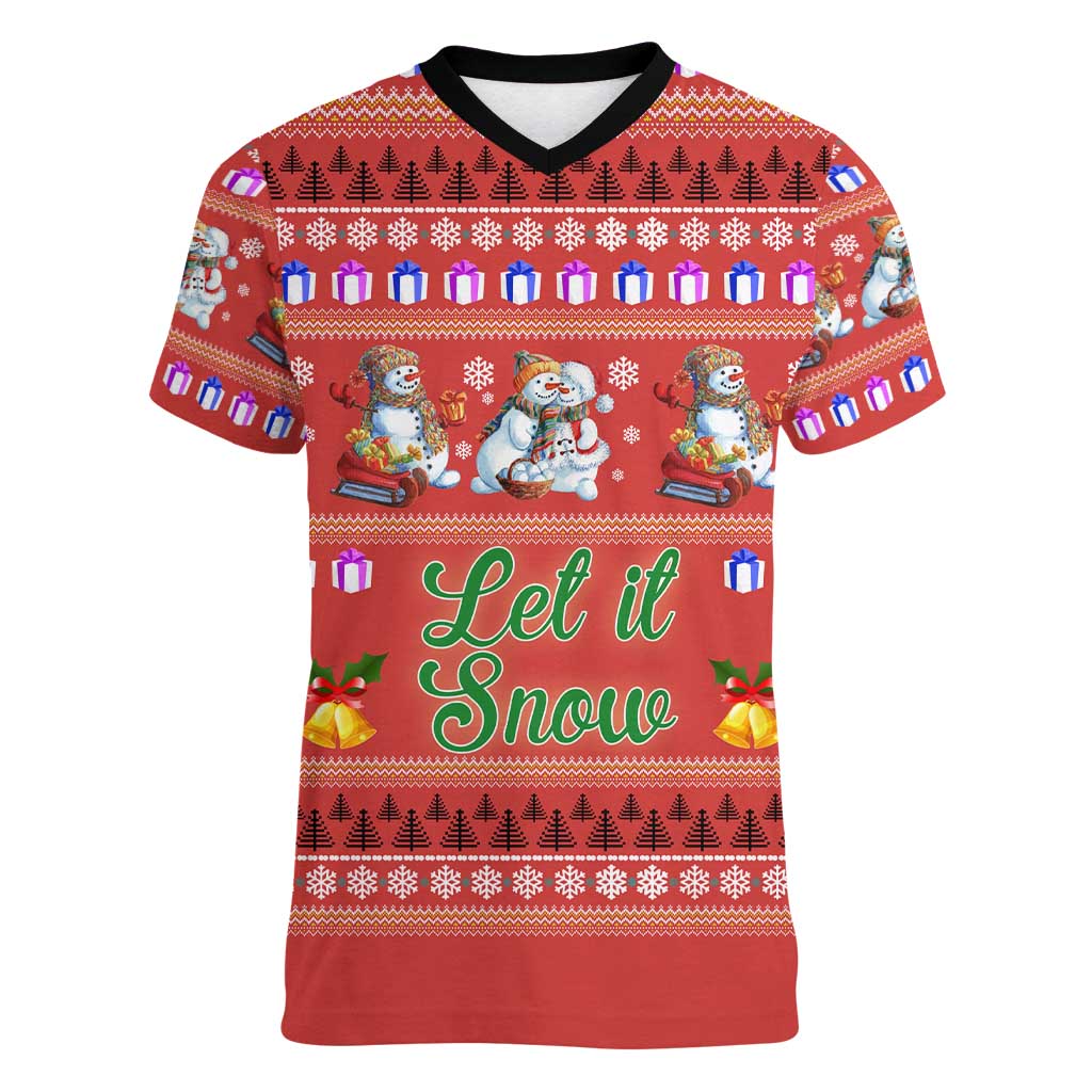Snowman Let It Snow Christmas Women V-Neck T-Shirt Xmas Holiday Patterns - Wonder Print Shop