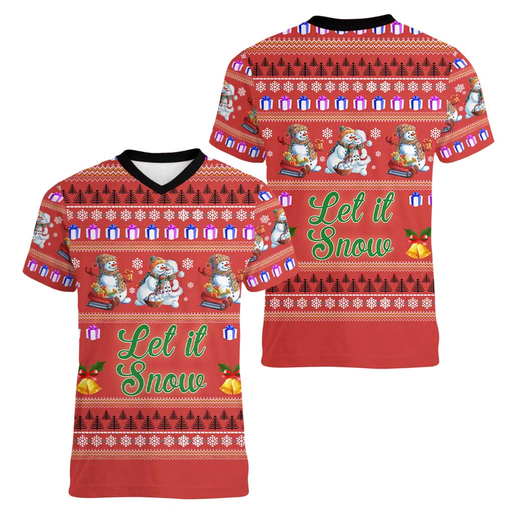 Snowman Let It Snow Christmas Women V-Neck T-Shirt Xmas Holiday Patterns - Wonder Print Shop