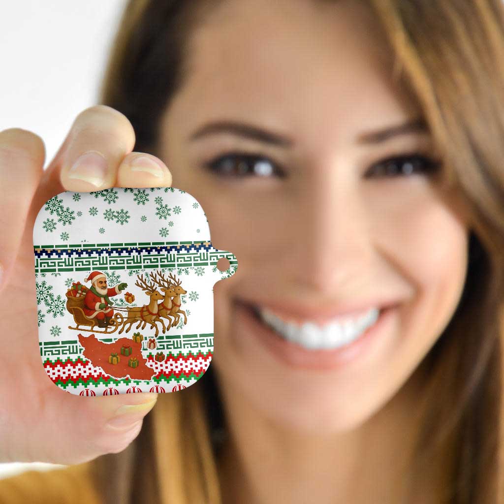 Iran Christmas AirPods Case with Santa Sleigh Reindeer Map and Green Red Snowflake Pattern - Wonder Print Shop