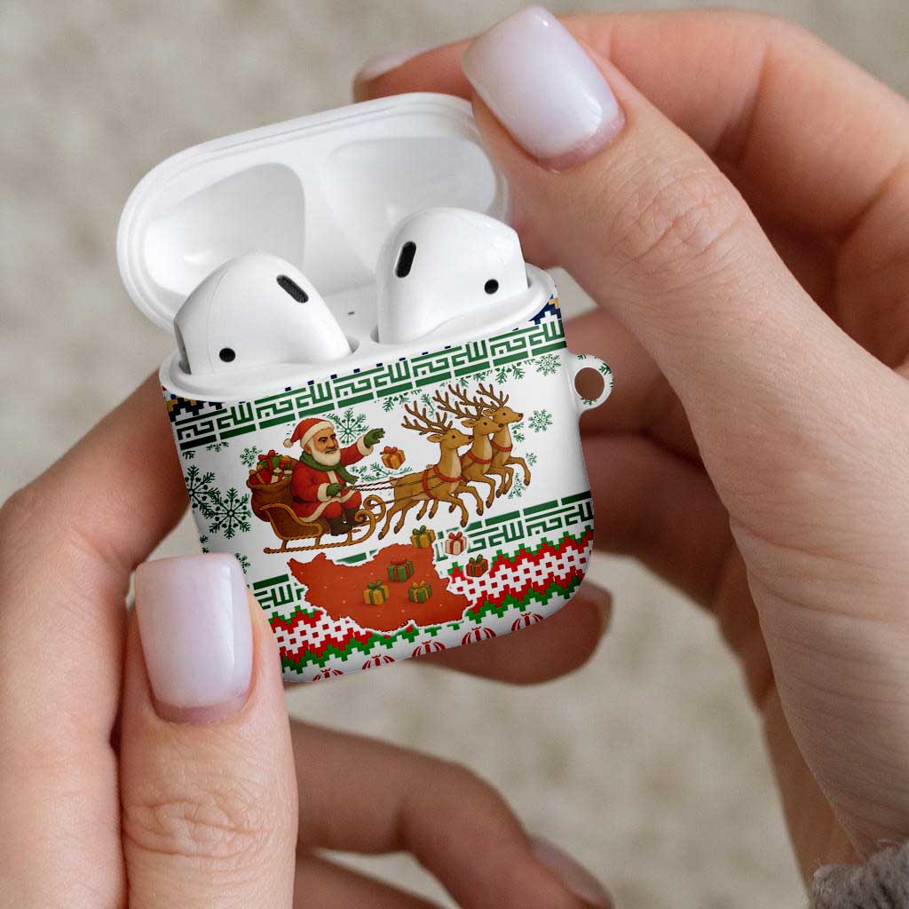 Iran Christmas AirPods Case with Santa Sleigh Reindeer Map and Green Red Snowflake Pattern - Wonder Print Shop
