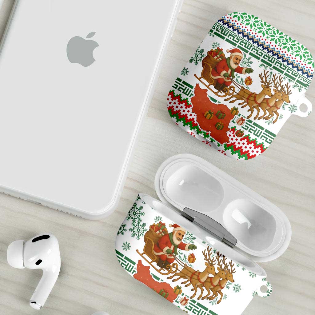 Iran Christmas AirPods Case with Santa Sleigh Reindeer Map and Green Red Snowflake Pattern - Wonder Print Shop