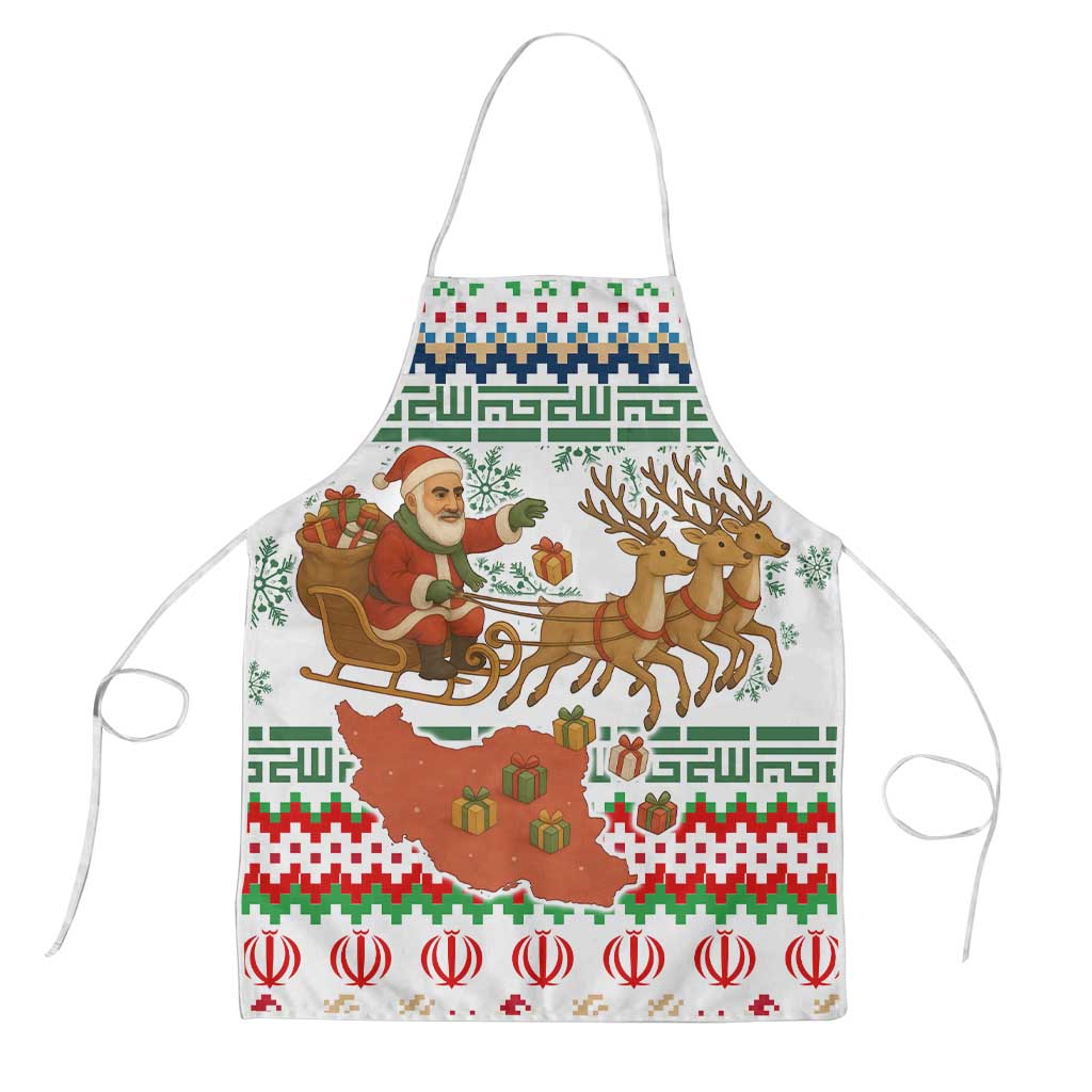 Iran Christmas Apron with Santa Sleigh Reindeer Map and Green Red Snowflake Pattern - Wonder Print Shop