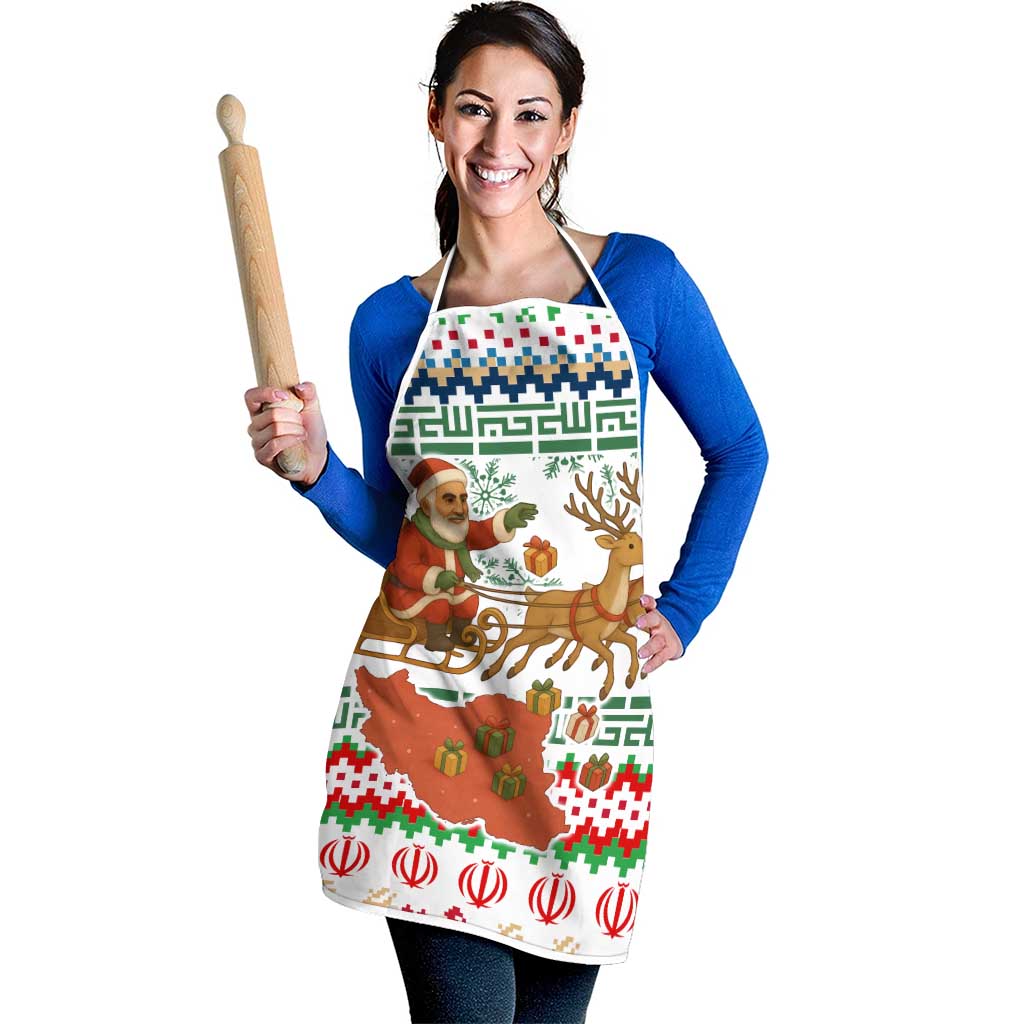 Iran Christmas Apron with Santa Sleigh Reindeer Map and Green Red Snowflake Pattern - Wonder Print Shop