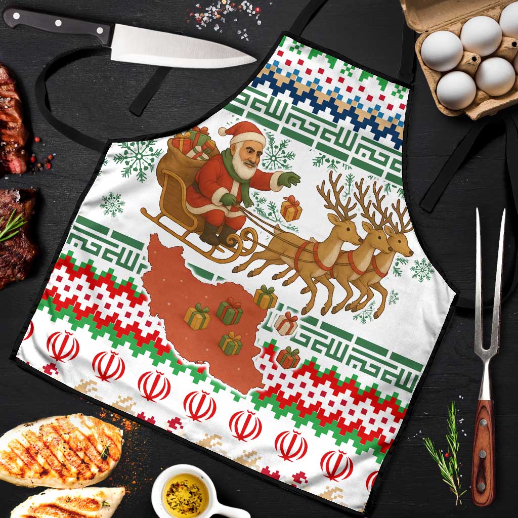 Iran Christmas Apron with Santa Sleigh Reindeer Map and Green Red Snowflake Pattern - Wonder Print Shop