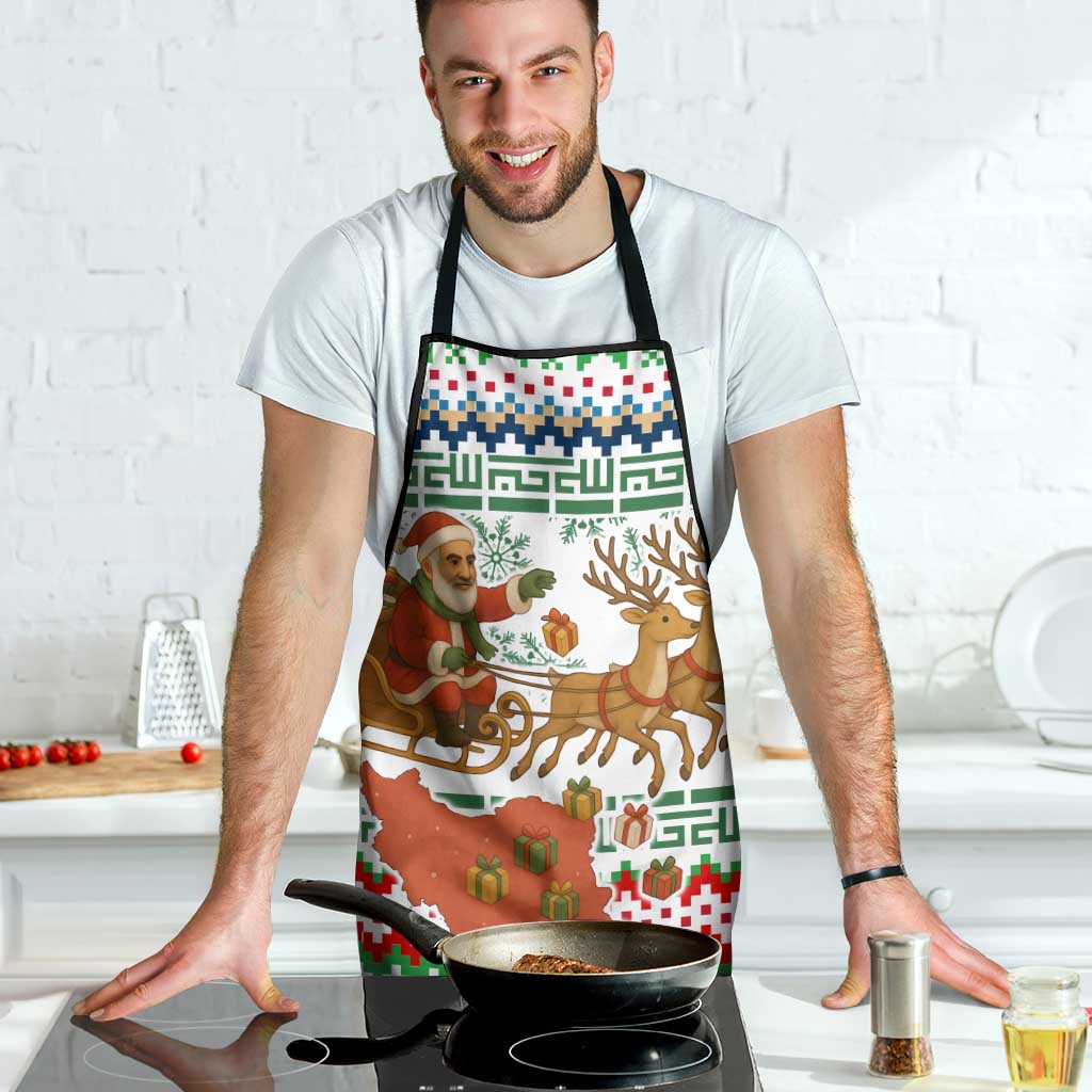 Iran Christmas Apron with Santa Sleigh Reindeer Map and Green Red Snowflake Pattern - Wonder Print Shop