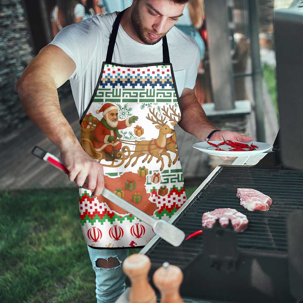 Iran Christmas Apron with Santa Sleigh Reindeer Map and Green Red Snowflake Pattern - Wonder Print Shop