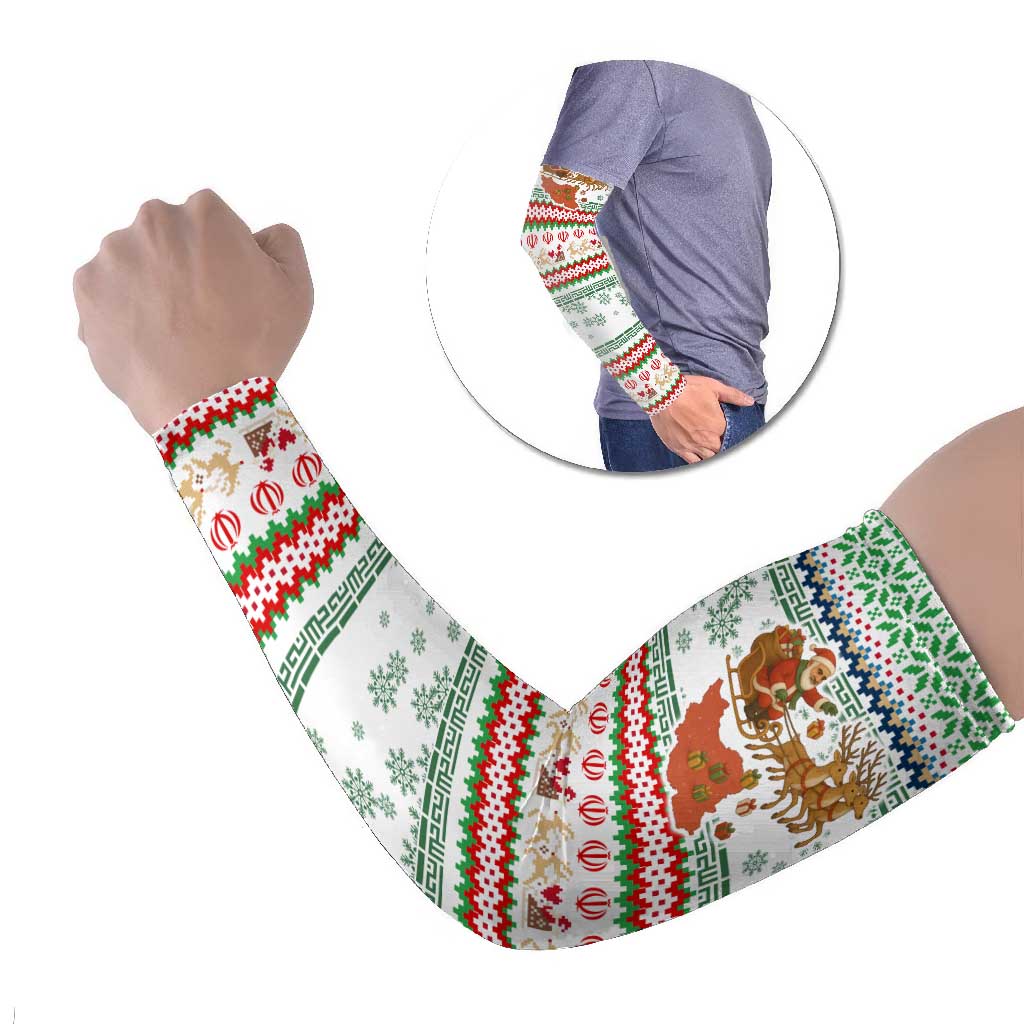 Iran Christmas Arm Sleeves with Santa Sleigh Reindeer Map and Green Red Snowflake Pattern - Wonder Print Shop