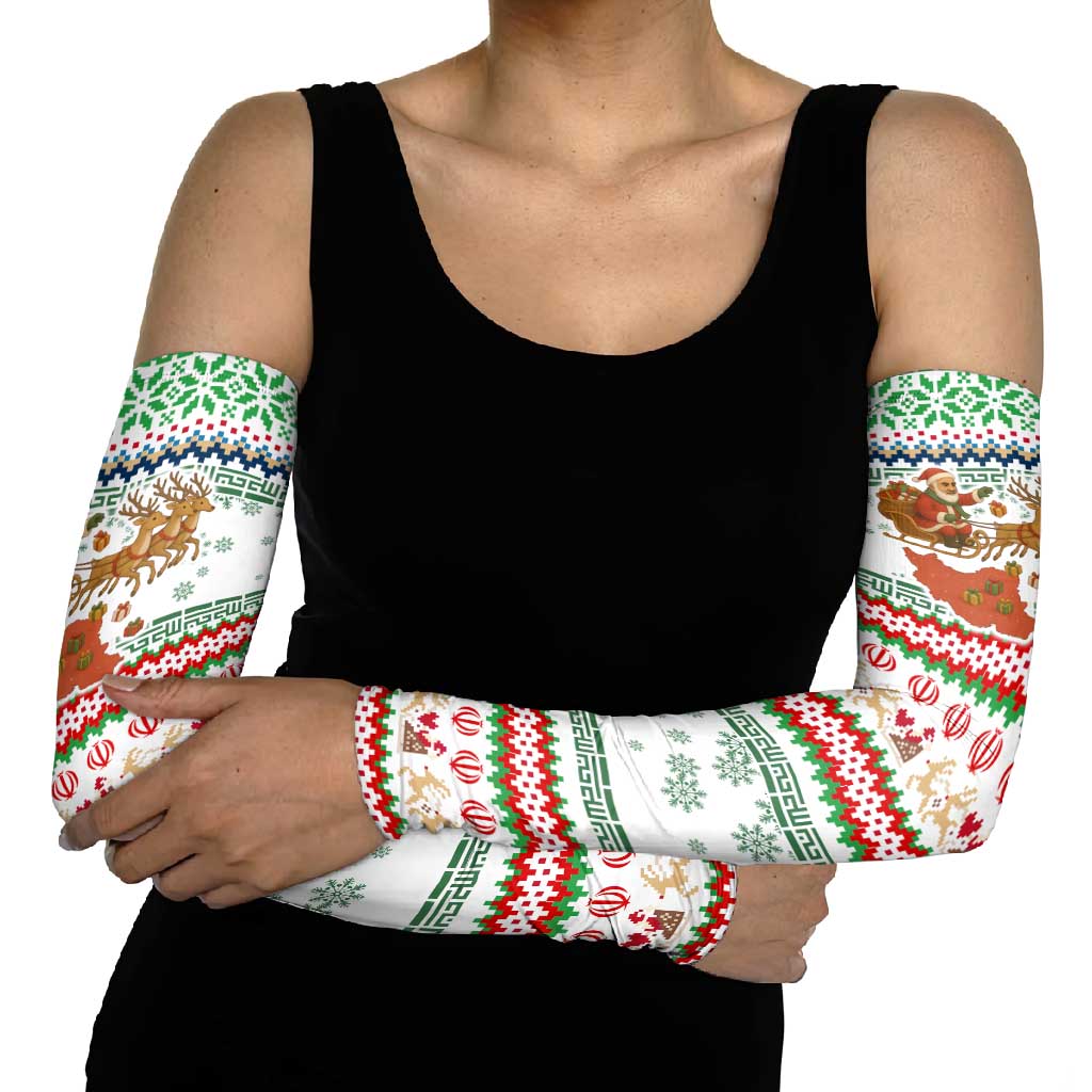 Iran Christmas Arm Sleeves with Santa Sleigh Reindeer Map and Green Red Snowflake Pattern - Wonder Print Shop