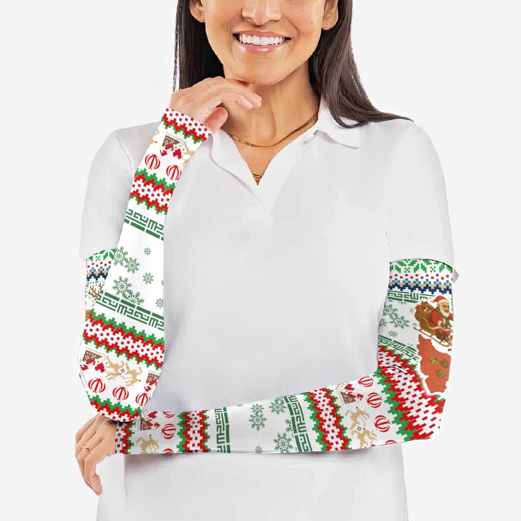 Iran Christmas Arm Sleeves with Santa Sleigh Reindeer Map and Green Red Snowflake Pattern - Wonder Print Shop