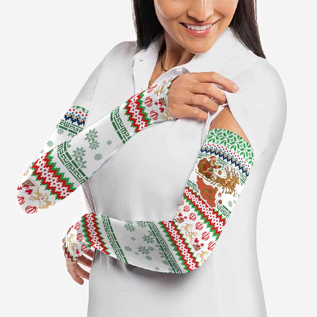 Iran Christmas Arm Sleeves with Santa Sleigh Reindeer Map and Green Red Snowflake Pattern - Wonder Print Shop