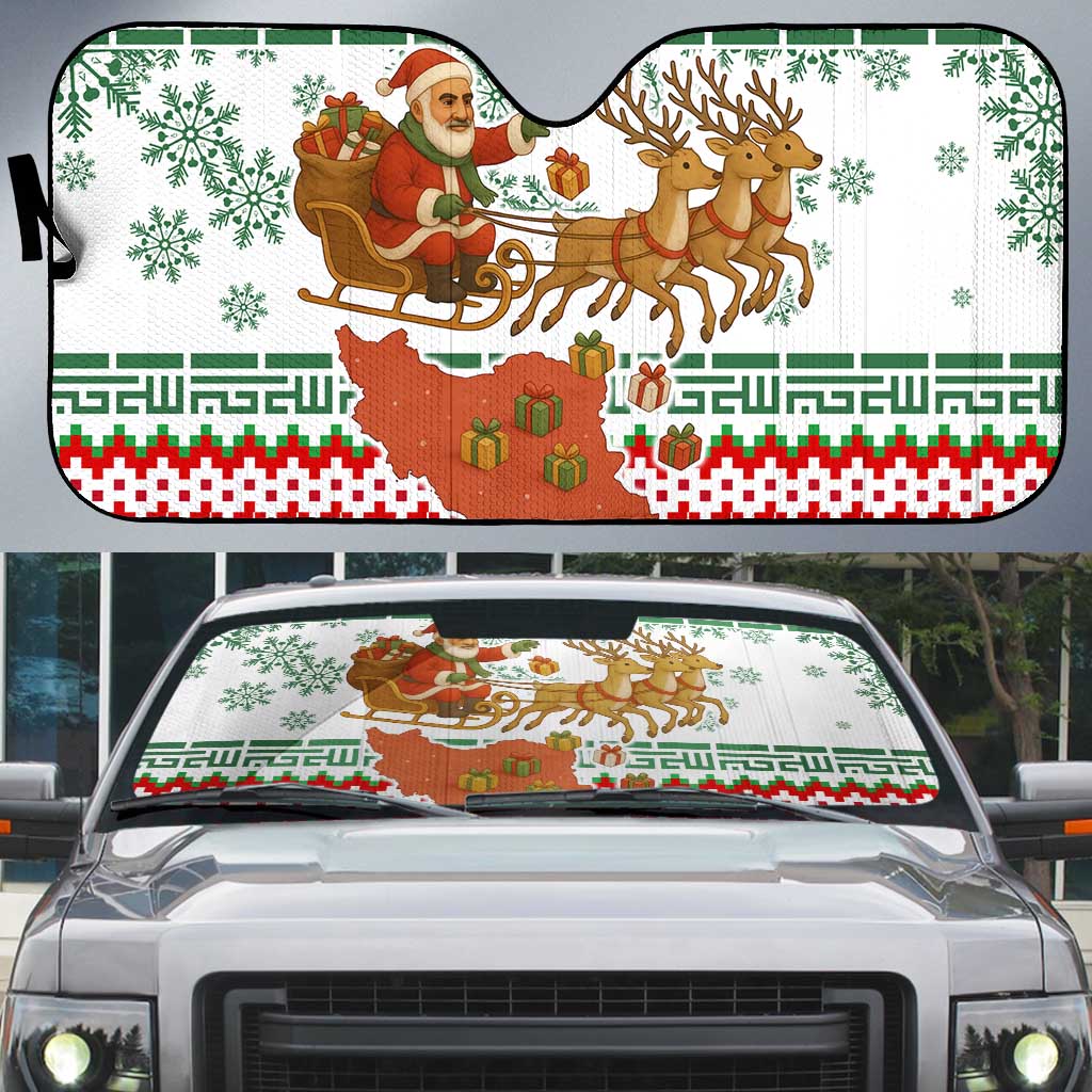 Iran Christmas Auto Sun Shade with Santa Sleigh Reindeer Map and Green Red Snowflake Pattern - Wonder Print Shop