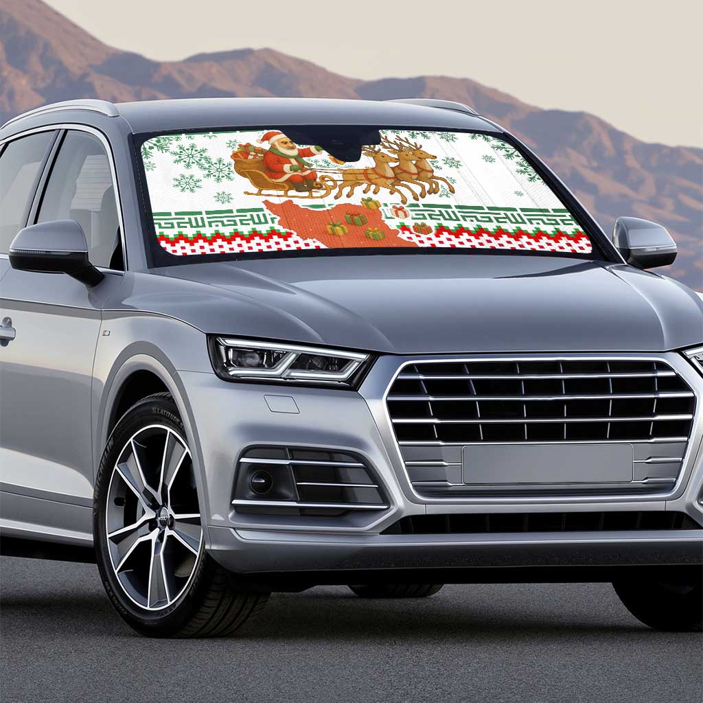 Iran Christmas Auto Sun Shade with Santa Sleigh Reindeer Map and Green Red Snowflake Pattern - Wonder Print Shop
