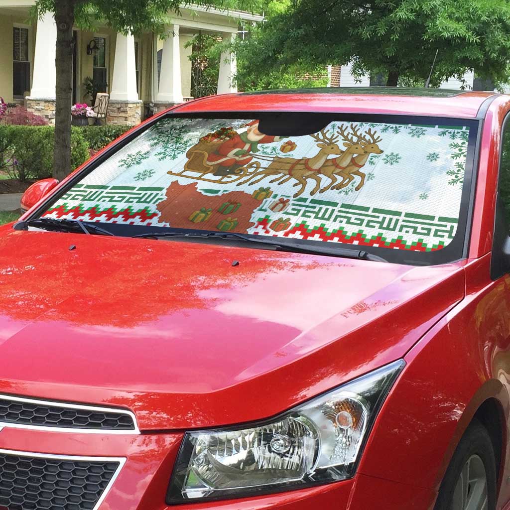 Iran Christmas Auto Sun Shade with Santa Sleigh Reindeer Map and Green Red Snowflake Pattern - Wonder Print Shop