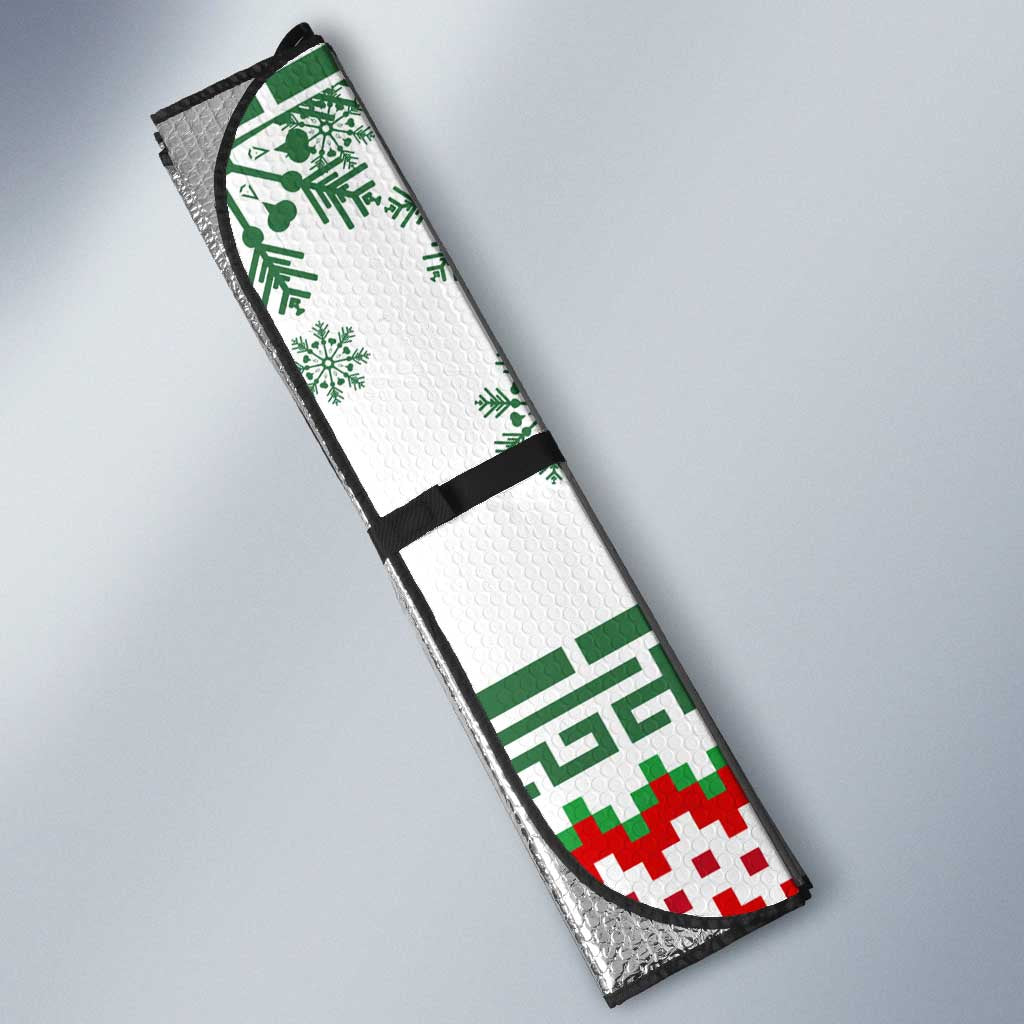Iran Christmas Auto Sun Shade with Santa Sleigh Reindeer Map and Green Red Snowflake Pattern - Wonder Print Shop