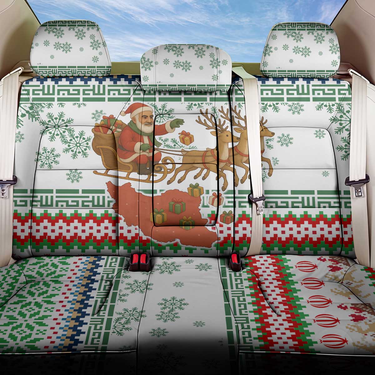 Iran Christmas Back Car Seat Cover with Santa Sleigh Reindeer Map and Green Red Snowflake Pattern - Wonder Print Shop