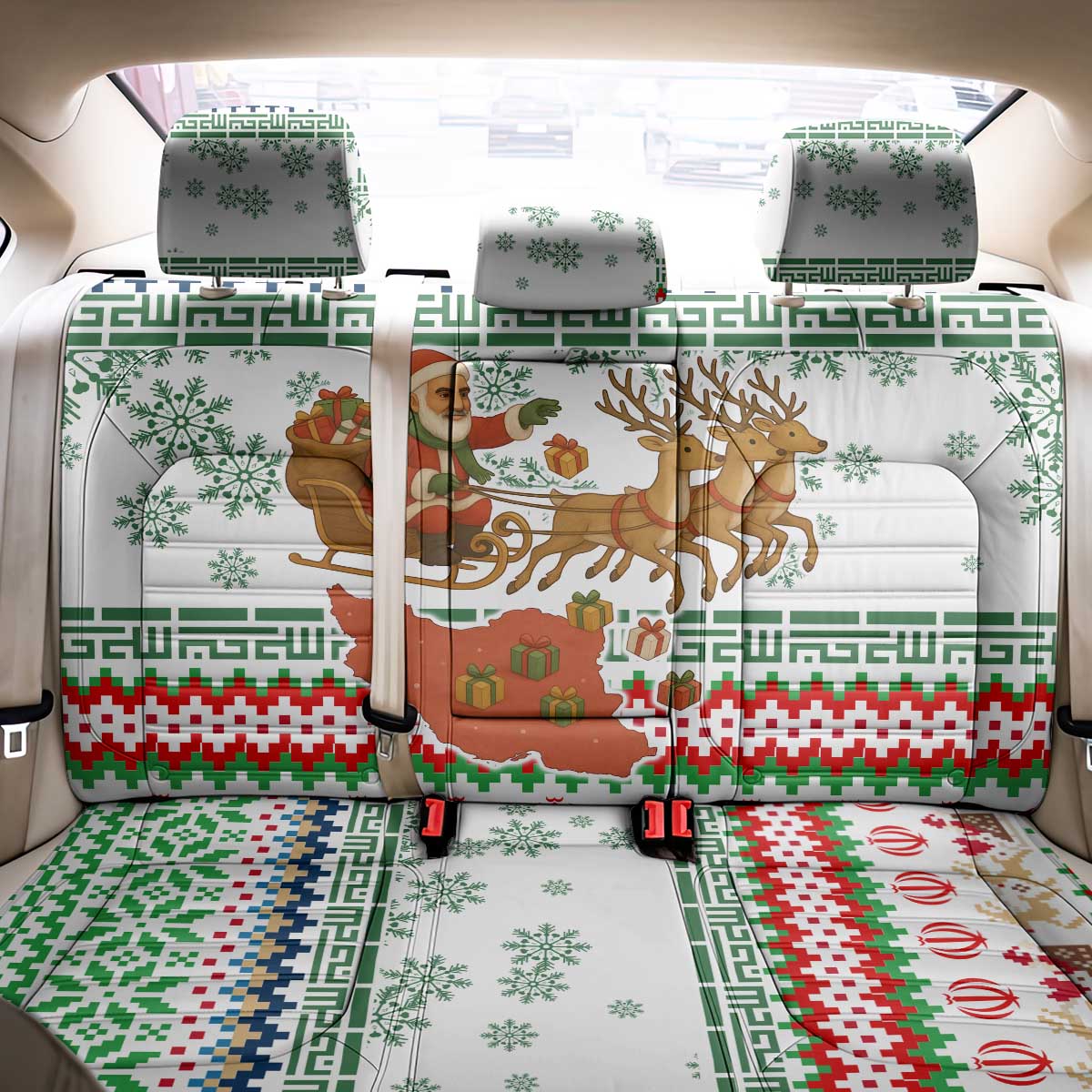 Iran Christmas Back Car Seat Cover with Santa Sleigh Reindeer Map and Green Red Snowflake Pattern - Wonder Print Shop