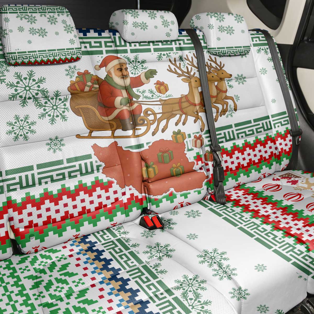 Iran Christmas Back Car Seat Cover with Santa Sleigh Reindeer Map and Green Red Snowflake Pattern - Wonder Print Shop