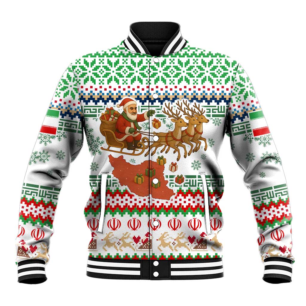 Iran Christmas Baseball Jacket with Santa Sleigh Reindeer Map and Green Red Snowflake Pattern - Wonder Print Shop