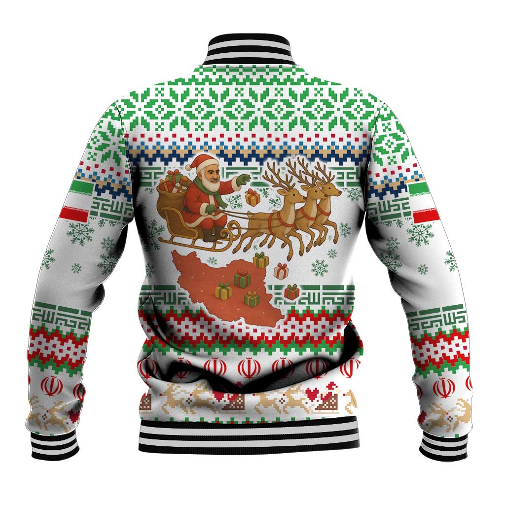 Iran Christmas Baseball Jacket with Santa Sleigh Reindeer Map and Green Red Snowflake Pattern - Wonder Print Shop