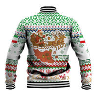 Iran Christmas Baseball Jacket with Santa Sleigh Reindeer Map and Green Red Snowflake Pattern - Wonder Print Shop